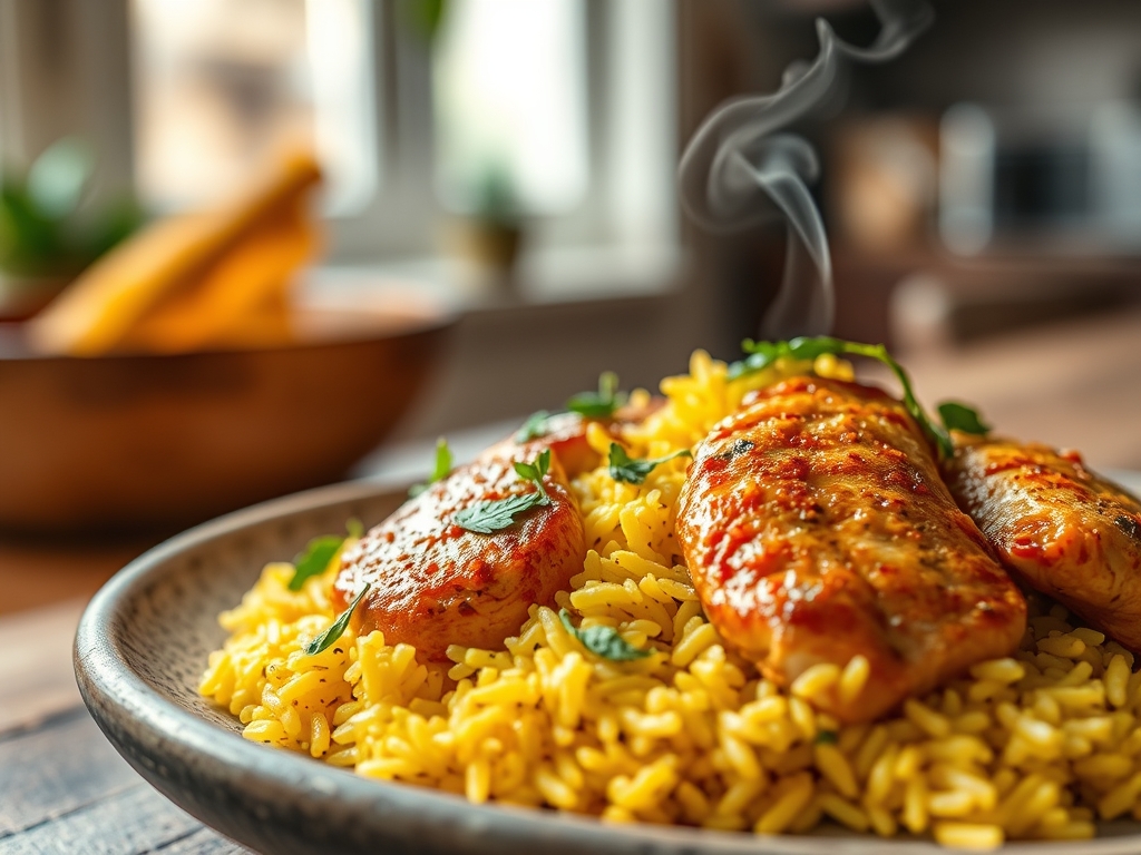 Freshly prepared yellow rice and chicken recipes